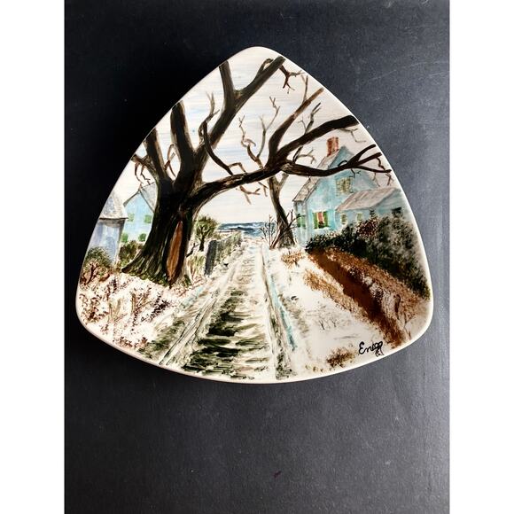 Coastal Winter Scene Hand Painted Large Trinket Dish | Triangular Footed - Picture 1 of 8
